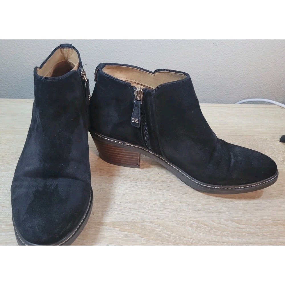 Sam Edelman Pryce Suede Ankle Booties Black Stacked Heel Zip Women's 7.5M‎